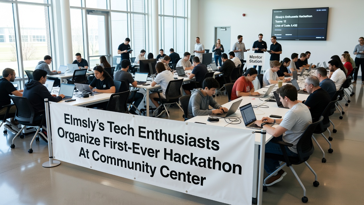 Participants testing prototypes and discussing code at tables set up in the main hall of the Elmsly community center during a simulated hackathon run-through