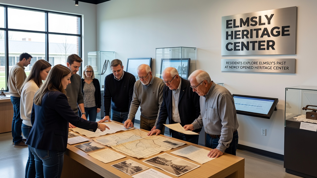Visitors examining historical photographs and documents inside one of the heritage center's exhibit rooms